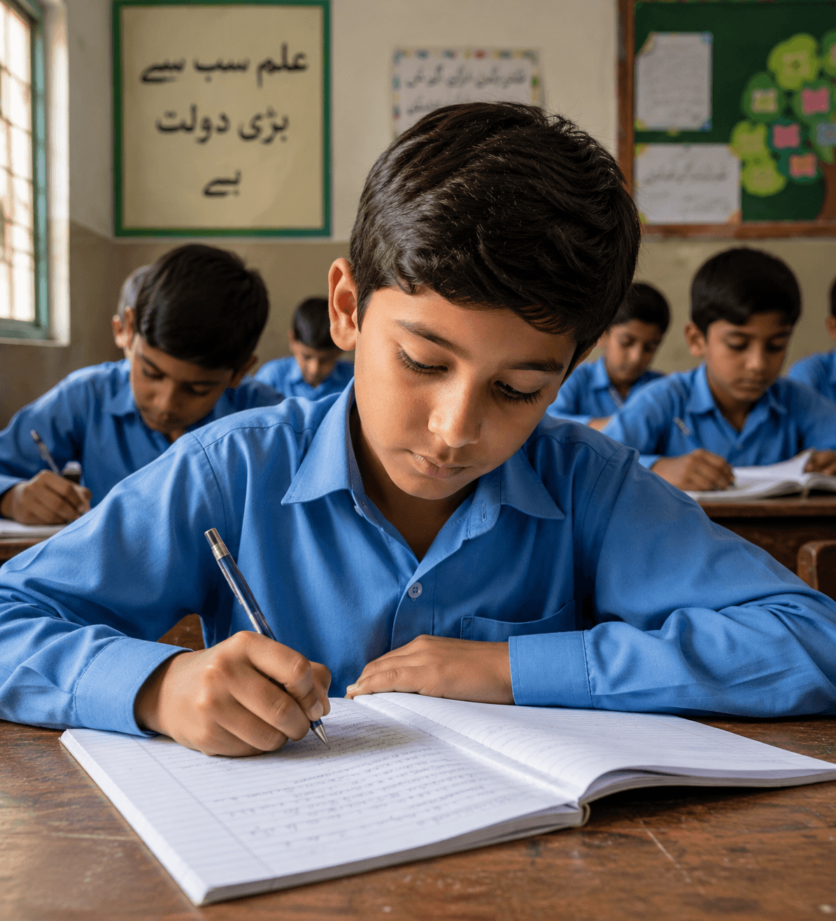 A boy in a blue school uniform writing in his exercise book, with classmates at their desks behind him