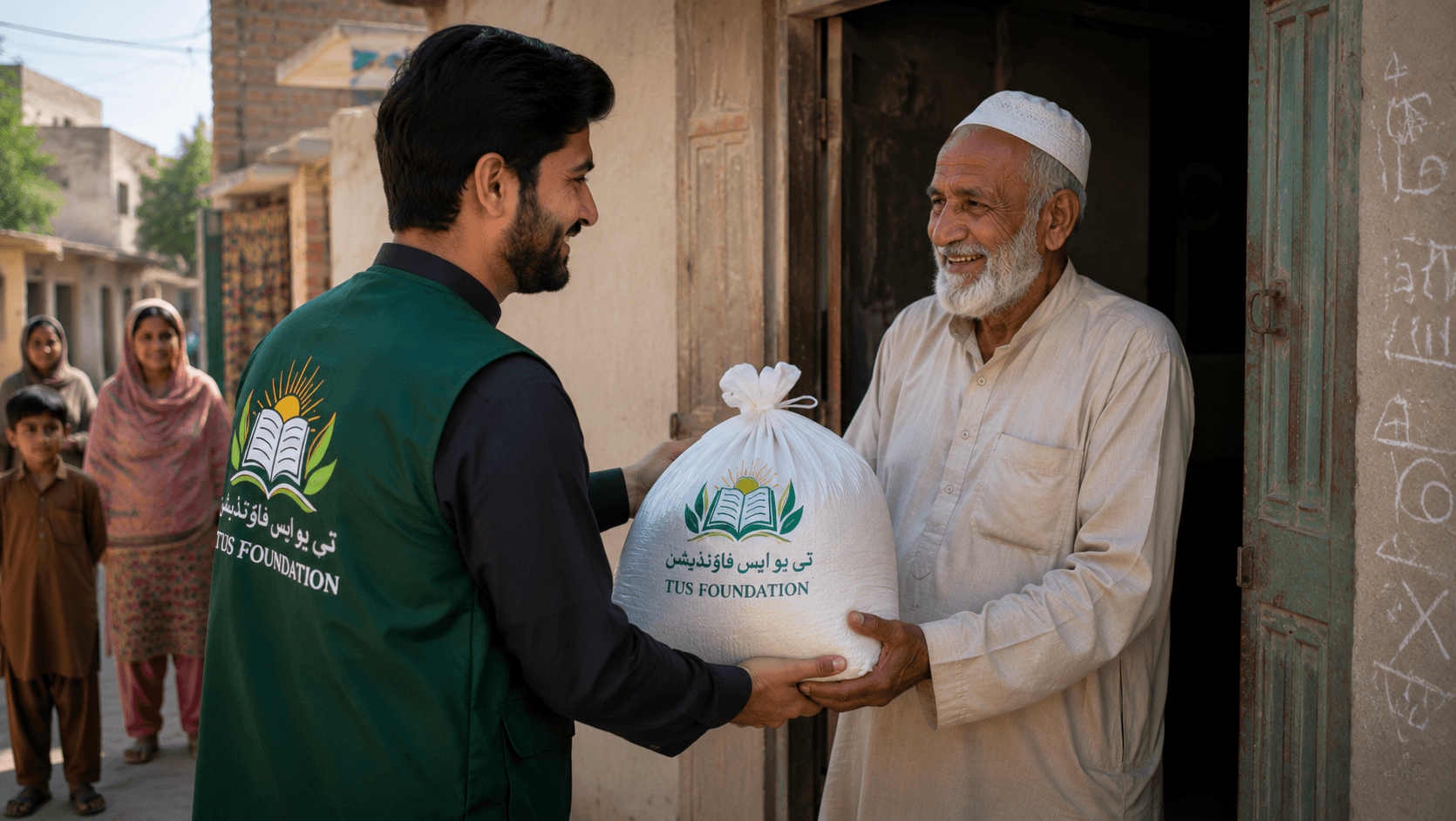 A volunteer handing a ration bag to an elderly man outside his home in a Pakistani neighbourhood
