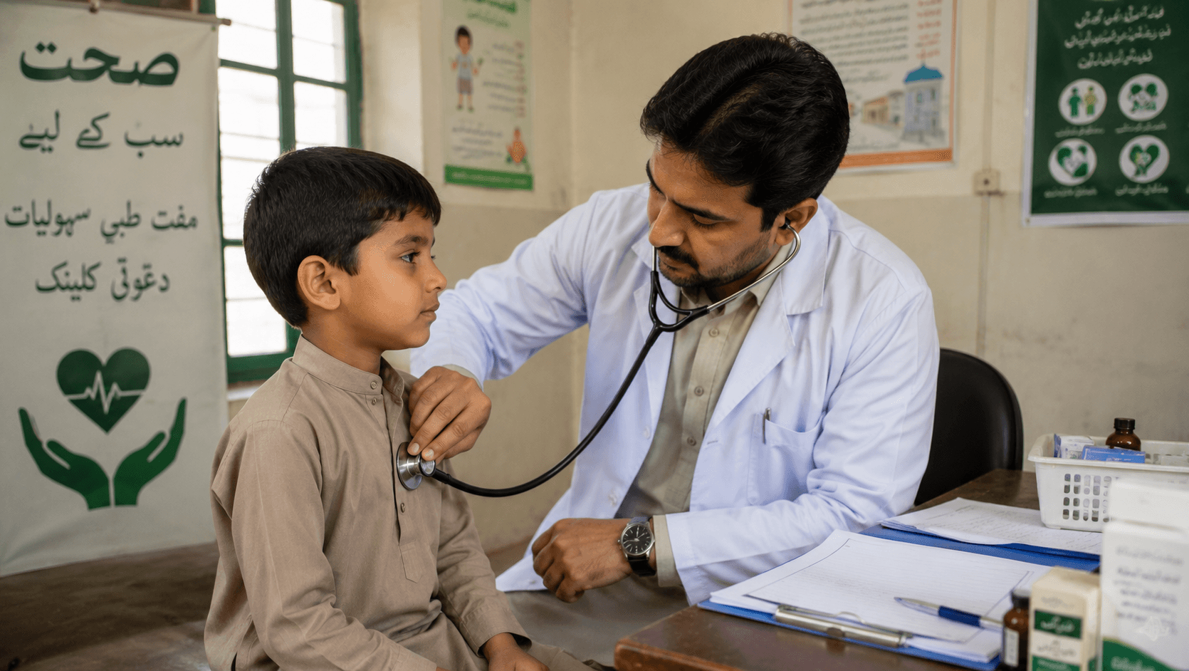 A doctor examining a young boy with a stethoscope at a community clinic in Pakistan