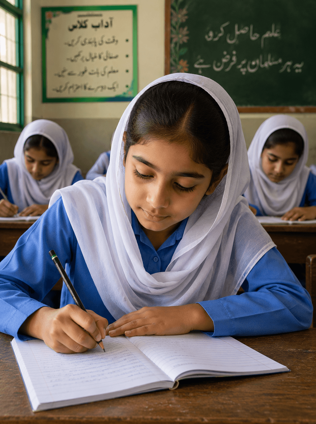 A girl in school uniform writing in an exercise book at her desk in a Pakistani classroom