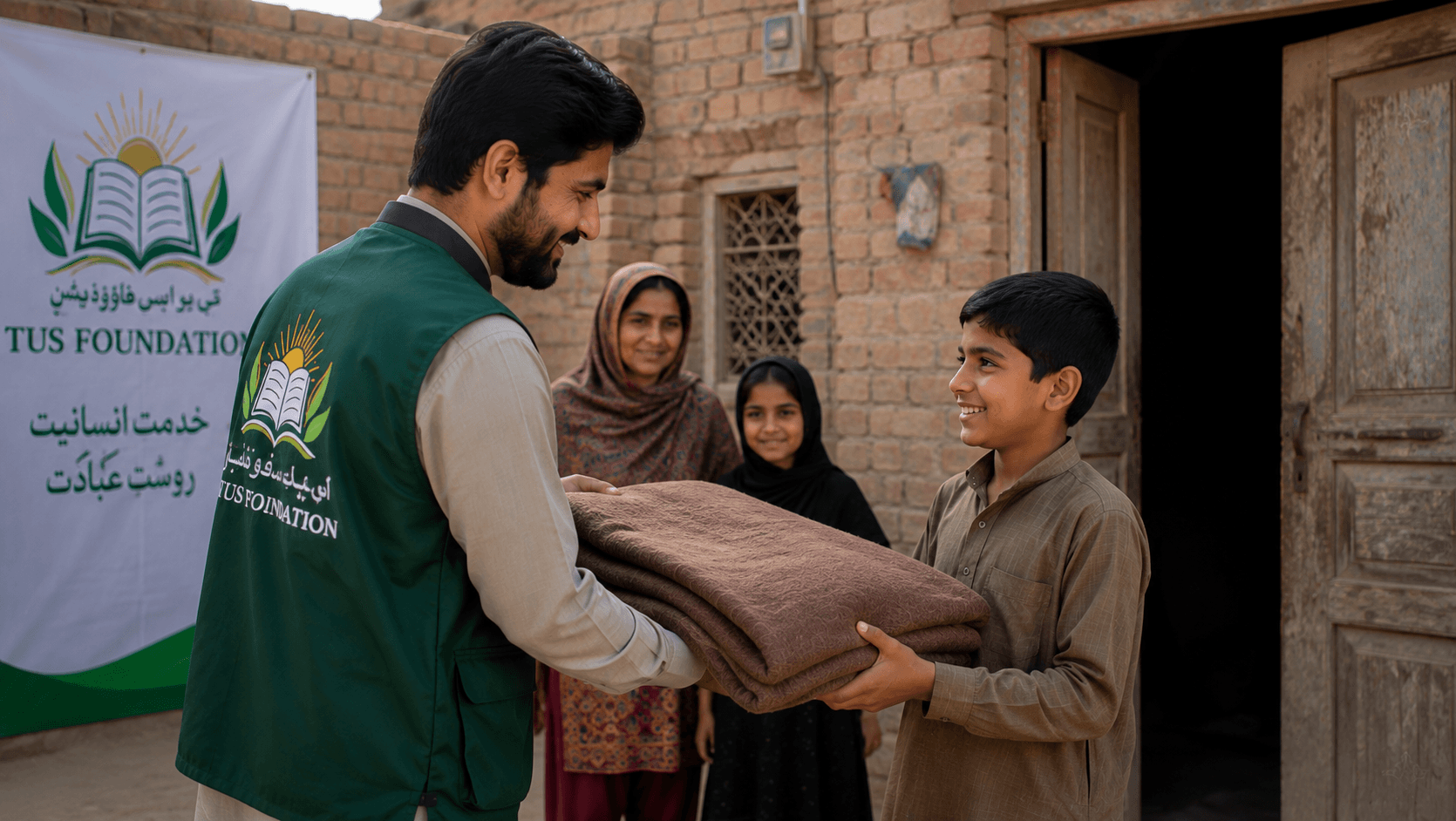 A volunteer in a foundation vest handing a folded blanket to a boy outside a brick home in Pakistan
